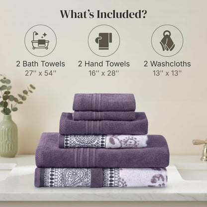 Modern Threads - Juego de 6 Piezas, 2 Toallas de baño, 2 Toallas de Mano, 2 paños de baño teñidos de Jacquard/Toallas sólidas, Ofelia orquídea