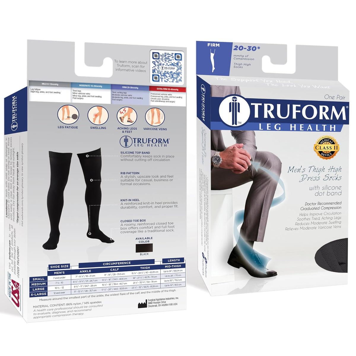 Truform Compression Socks, 20-30 Mmhg, Men's Dress Socks, Thigh High Over Knee Length Black, Pack of 1