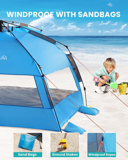OutdoorMaster - Tienda de campaña de Playa desplegable para 4 Personas, fácil de Instalar y portátil, toldo de Playa con protección UPF 50+, protección UV, tragaluz extraíble, tamaño Familiar