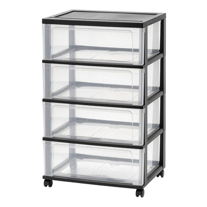 IRIS USA Carrito Organizador Ancho de 4 Cajones con Ruedas, Negro | Guarda ropa, toallas, artículos de oficina, manualidades y artículos del hogar con almacenamiento organizado