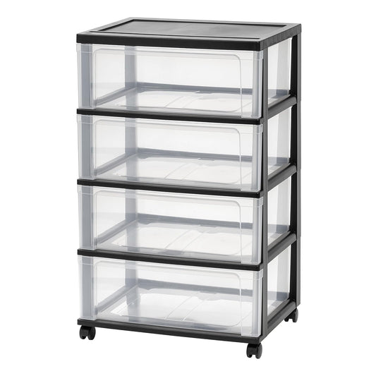IRIS USA Carrito Organizador Ancho de 4 Cajones con Ruedas, Negro | Guarda ropa, toallas, artículos de oficina, manualidades y artículos del hogar con almacenamiento organizado