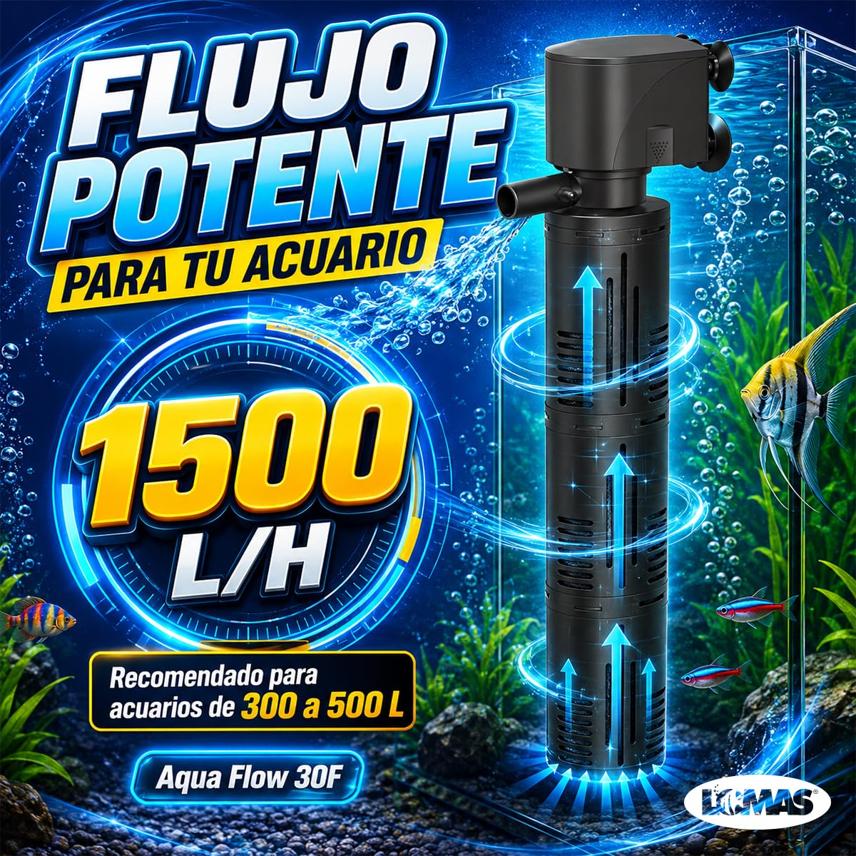 Lomas Cabeza de Poder con Filtro Rápido AquaFlow 30 para Acuarios 300-500 L, Filtración Mecánica y Biológica, 1500 L/h, 19W, Sumergible