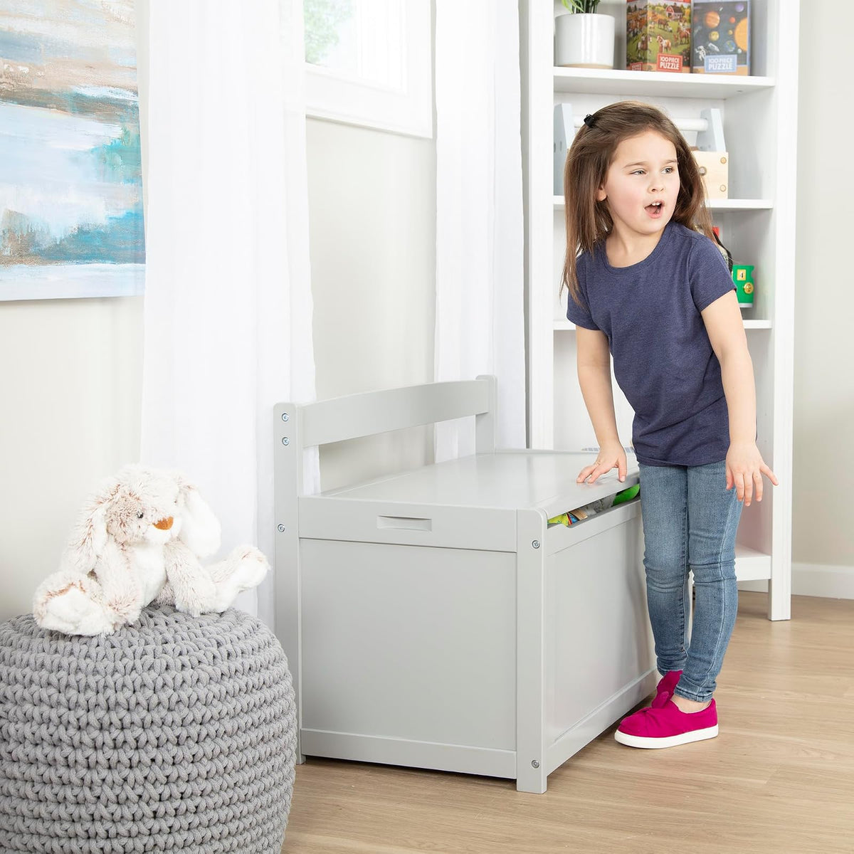 Melissa & Doug Baúl de Madera para Juguetes, Baúl de Madera Resistente, 2.3 Metros Cúbicos de Almacenamiento, Fácil de Armar, Color Gris