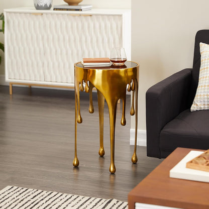 Deco 79 - Mesa Decorativa de Metal de Aluminio con diseño de fusión y Parte Superior de Vidrio sombreado, 16 x 16 x 25 pies, Color Dorado