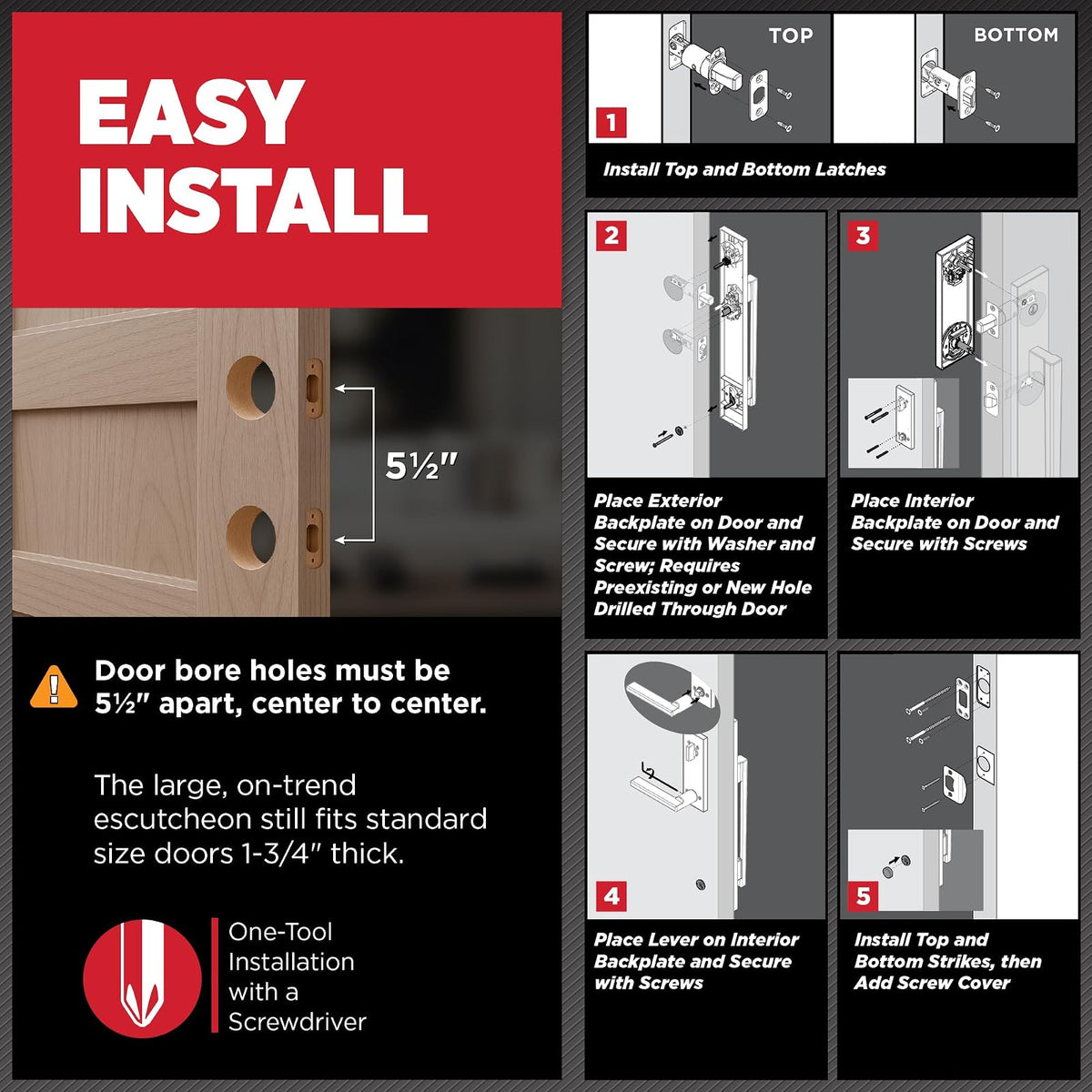 Kwikset Caerus - Juego de manijas y cerrojo de puerta delantera con palanca interior, color negro mate, seguridad SmartKey con KwikSlide, placa trasera de manija de puerta con escudo completo