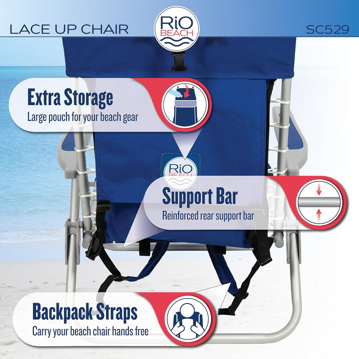 Rio Beach Lace-up Aluminum Backpack Chair, Red/Blue/Green/Yellow Stripe