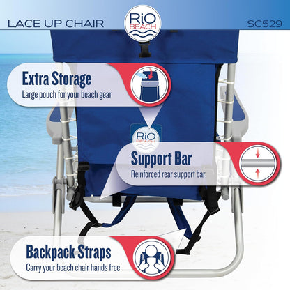 Rio Beach Lace-up Aluminum Backpack Chair, Red/Blue/Green/Yellow Stripe