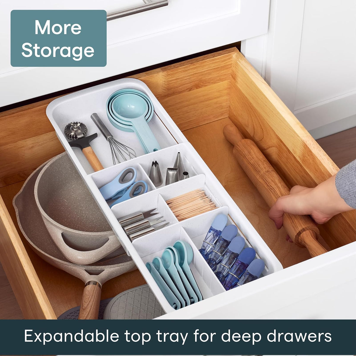 YouCopia DrawerFit - Bandeja deslizante para cajones con divisores ajustables, organizador de almacenamiento de cocina ampliable, color blanco moteado