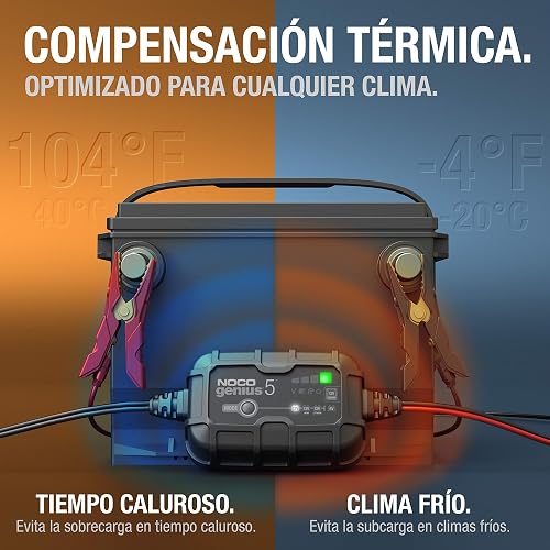 NOCO GENIUS5: Cargador de batería Inteligente 6V/12V 5A – Mantenedor automático, Cargador Lento y desulfatador con protección contra sobrecarga y compensación térmica – para baterías Plomo y Litio