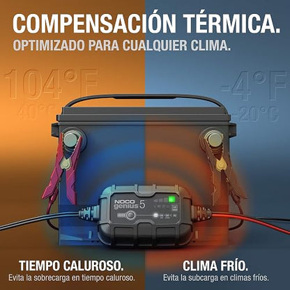 NOCO GENIUS5: Cargador de batería Inteligente 6V/12V 5A – Mantenedor automático, Cargador Lento y desulfatador con protección contra sobrecarga y compensación térmica – para baterías Plomo y Litio