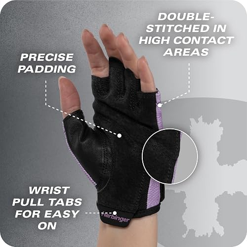 Harbinger Power Gloves 3.0 - Guantes duraderos para levantamiento de pesas de medio dedo con cierre de muñeca ajustable, palma de piel transpirable, talla S para mujer