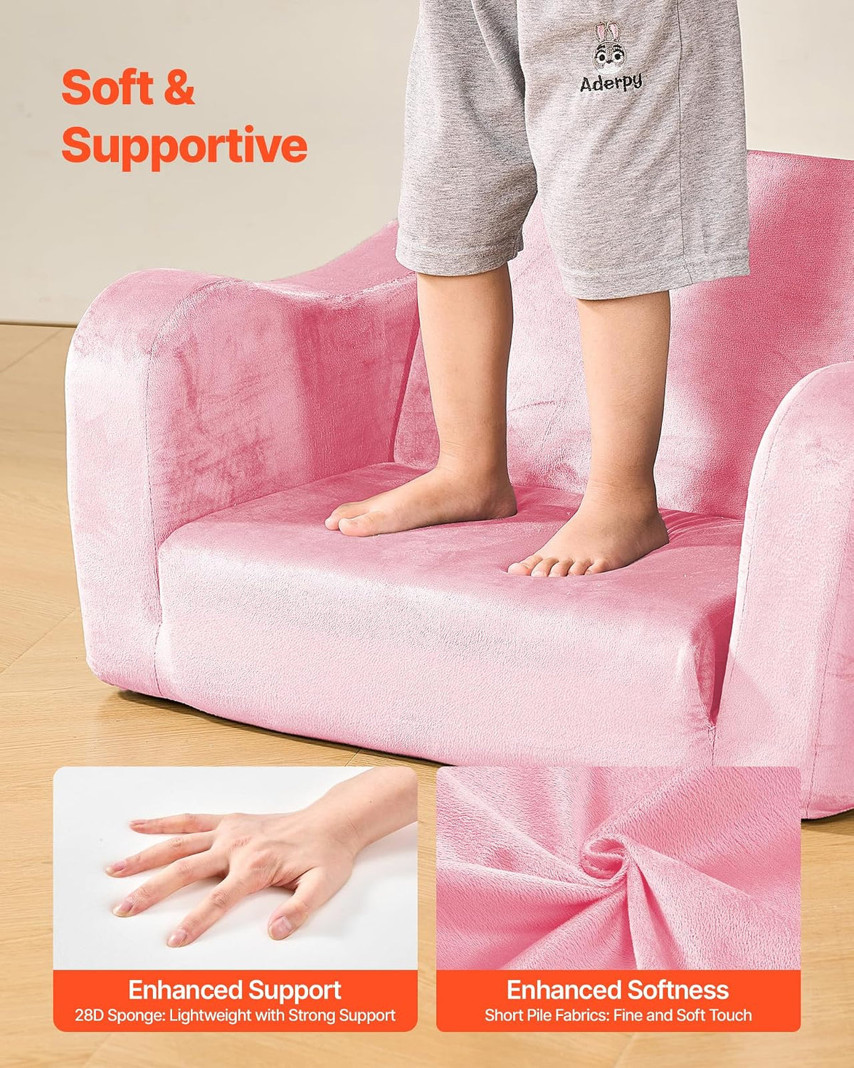 VEVOR Sofá Infantil 2 en 1, Convertible en Tumbona, Sofá Cama Plegable y Suave de Esponja 28D y Pelo Corto con Reposabrazos, Ideal para Jugar o Descansar Cómodamente para Niños, Talla M, Rosa