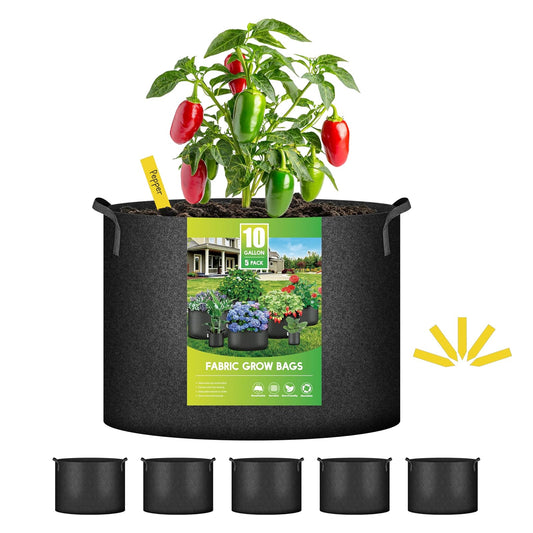 iPower Paquete de 5 Bolsas de Cultivo de 10 galones, macetas de Tela de aireación con Asas de Correa, contenedor no Tela Grueso para jardinería, Color Negro