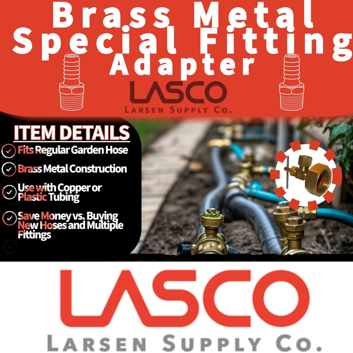 LASCO 17-8385 - Adaptador de latón para manguera de jardín hembra de 3/4 pulgadas por válvula de aguja de compresión de 1/4 pulgadas, cobre