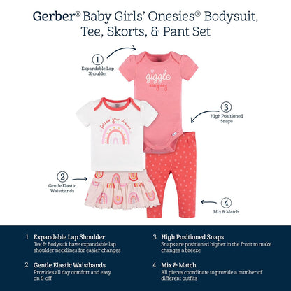 Gerber Estampado Set 4 Piezas: 2 Playeras, Falda y Legging para Bebé-Niñas