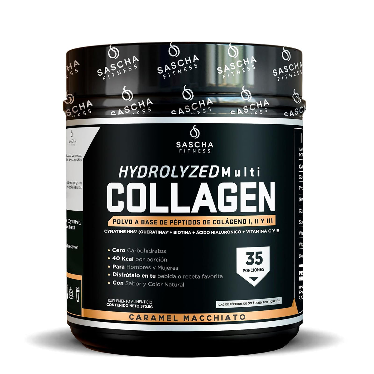 Sascha Fitness Multi Colágeno Hidrolizado | Ácido Hialurónico | Biotina | Cynatine HNS | Vitamina C & E - Sabor Caramel Macchiato