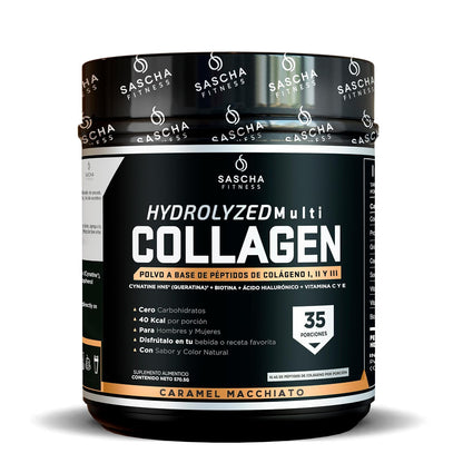 Sascha Fitness Multi Colágeno Hidrolizado | Ácido Hialurónico | Biotina | Cynatine HNS | Vitamina C & E - Sabor Caramel Macchiato