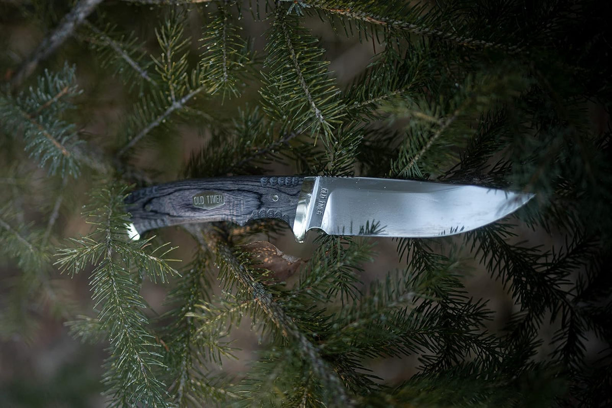 Old Timer Heritage Series Cuchillo 169OT | 10.2 pulgadas, hoja fija, acero D2, mango madera laminada, funda cuero, para caza y campamento