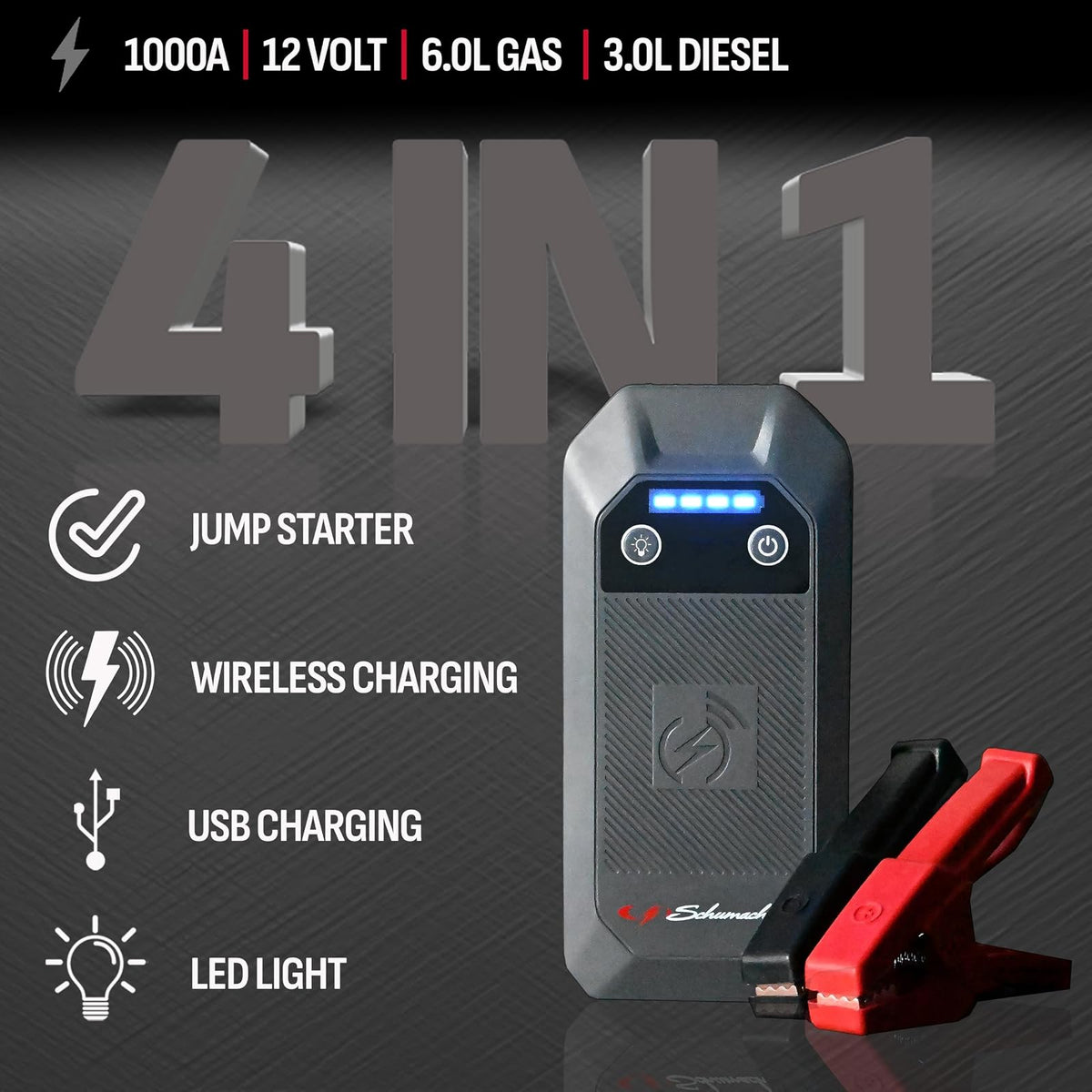 Schumacher Electric - Arrancador de Litio de 12 V y Paquete de alimentación, Puente de batería portátil de 1000 A con Carga inalámbrica de 10 W, Carga rápida USBA/USBC y Linterna LED multimodo - 4 en