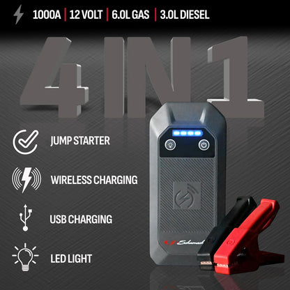 Schumacher Electric - Arrancador de Litio de 12 V y Paquete de alimentación, Puente de batería portátil de 1000 A con Carga inalámbrica de 10 W, Carga rápida USBA/USBC y Linterna LED multimodo - 4 en