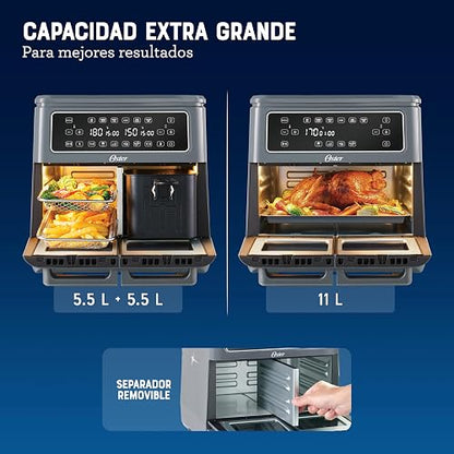 Oster Freidora de Aire Dual Flex, 2 Zonas de 5.5 L que se Adaptan a 11 L | Gran Capacidad, 10 Programas, Iguala y Sincroniza, Antiadherente Oster DiamondForce, 5 Accesorios Incluidos, CKSTAF11MCDDF