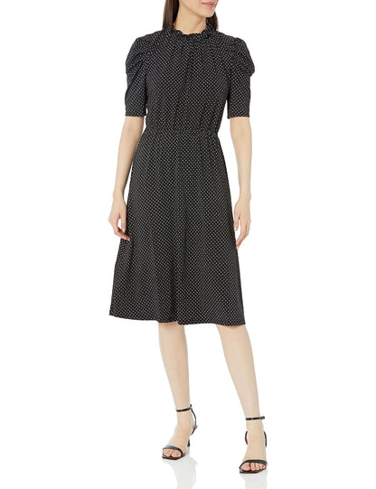 Adrianna Papell Vestido Midi Manga Corta Cuello Volantes - Negro - Marfil Outline Dot - XL