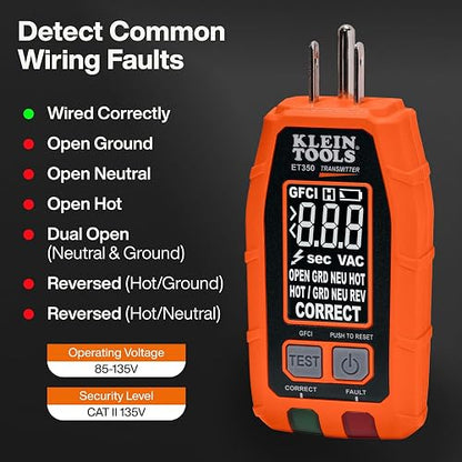 Klein Tools ET350 Detector de disyuntores digital 4 en 1, detector de fallos de salida, probador de voltaje sin contacto, probador GFCI, modo de aprendizaje y localización, LCD retroiluminado, luz