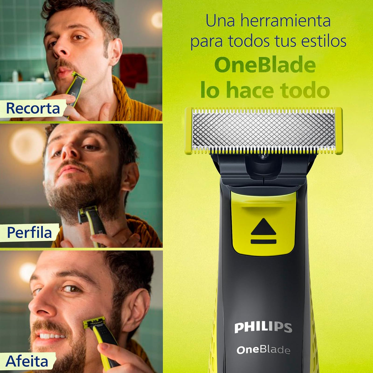 Philips OneBlade Afeitadora y Recortadora Eléctrica de Barba para Hombre | Recorta, perfila y afeita | Corta el vello, no tu piel | Uso seco y húmedo | Incluye peine ajustable 5 en 1 | QP2724/20