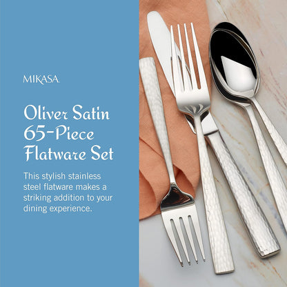 Mikasa Oliver - Juego de cubiertos de satén para 12, 65 piezas de acero inoxidable 18/10 con elegante acabado satinado y utensilios para servir, vajilla duradera