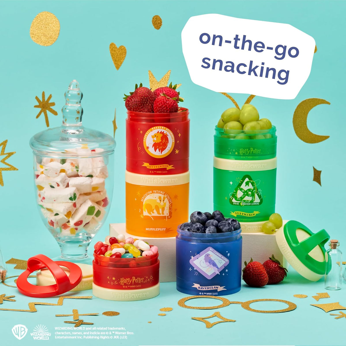 Whiskware Harry Potter - Recipientes apilables para aperitivos para niños y niños, 3 tazas apilables para la escuela y los viajes, juego de casa, paquete de 2 unidades