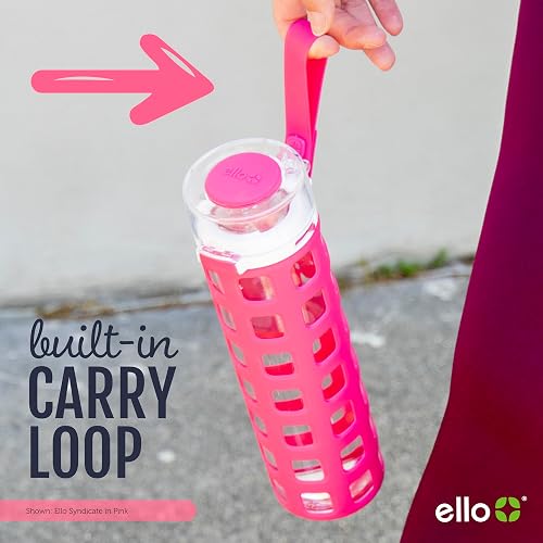 Ello Syndicate - Botella de agua de vidrio con tapa abatible de un solo toque y funda protectora de silicona y bucle de transporte, sin BPA, apta para lavaplatos, 20 onzas