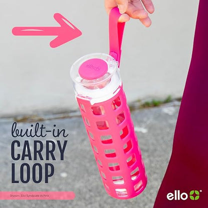 Ello Syndicate - Botella de agua de vidrio con tapa abatible de un solo toque y funda protectora de silicona y bucle de transporte, sin BPA, apta para lavaplatos, 20 onzas