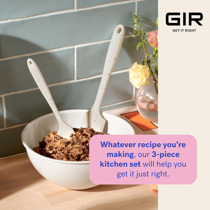 GIR: Get It Right - Juego de utensilios de silicona de 3 piezas, espátula, volteo y cuchara, antiadherente, resistente al calor, apto para lavaplatos, utensilios de cocina, suministros para hornear, última intervensión de BPA y BPS, blanco de estudio