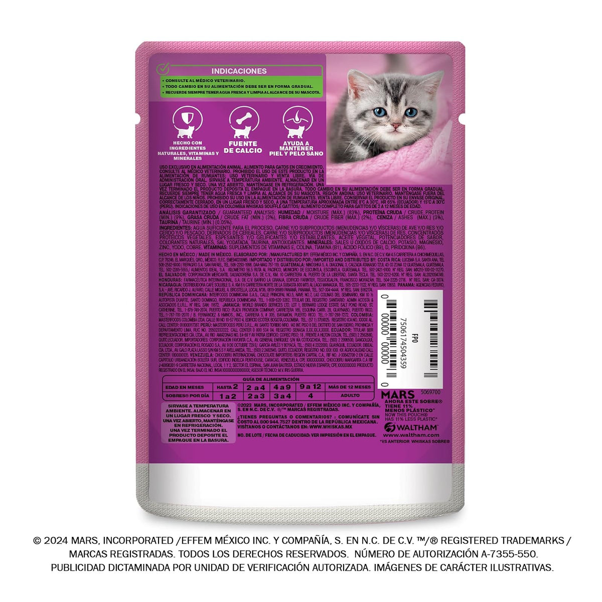 Whiskas - Alimento Húmedo para Gatitos, Sabor Soufflé de Res, con Proteína, Zinc, Vitamina E y Fibra, 24 Sobres para Gato, 85 gr. c/u