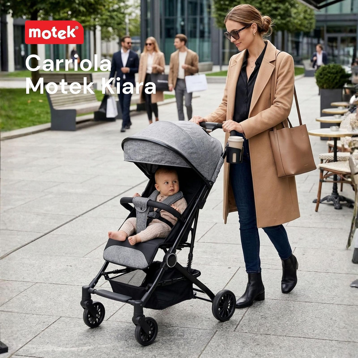 Motek Carriola Ligera de Viaje Kiara, Plegado a una Mano, Reclinado de 175°, Diseño Compacto Tipo Maleta con Manija de Transporte, Gris