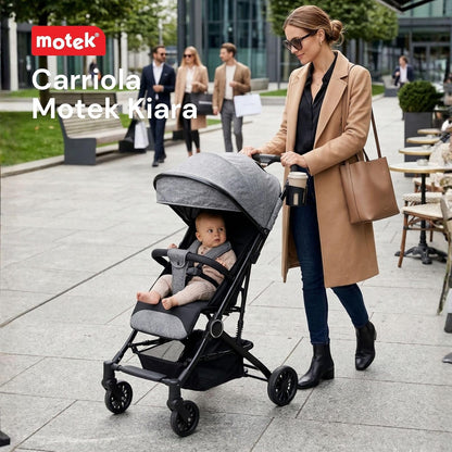Motek Carriola Ligera de Viaje Kiara, Plegado a una Mano, Reclinado de 175°, Diseño Compacto Tipo Maleta con Manija de Transporte, Gris