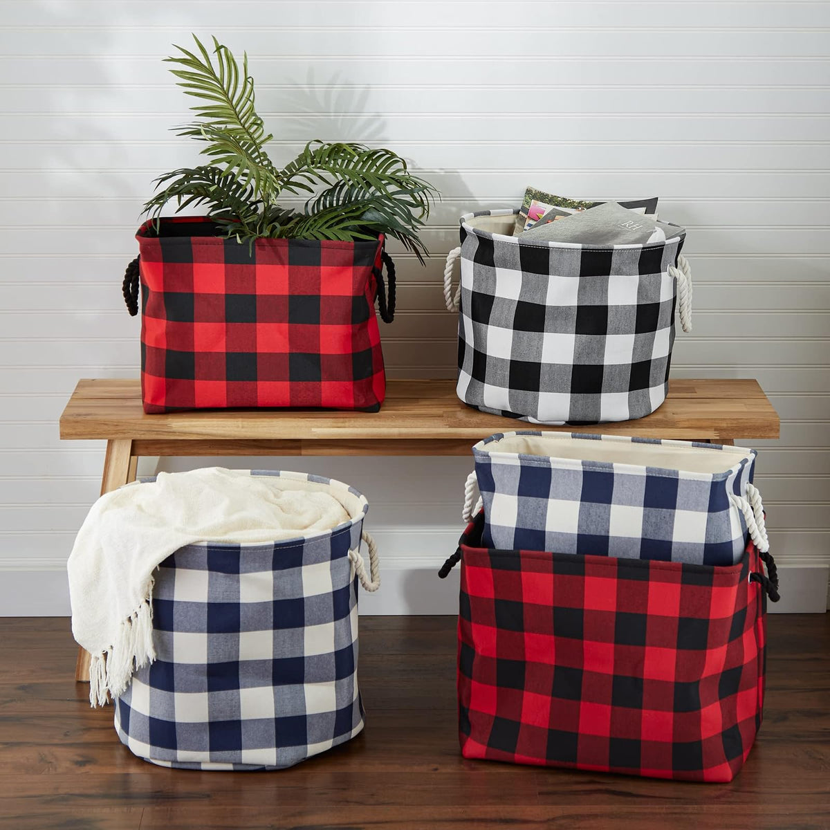 DII Buffalo Check Storage Collection - Contenedor Plegable con Asas, Redondo Grande, 16 x 16 x 15 Pulgadas, Blanco y Negro