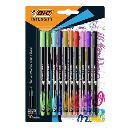 BIC Plumín Intensity Punto Ultra Fino No Traspasa el Papel Escritura Precisa Colores Intensos Surtido de Colores 10 Piezas