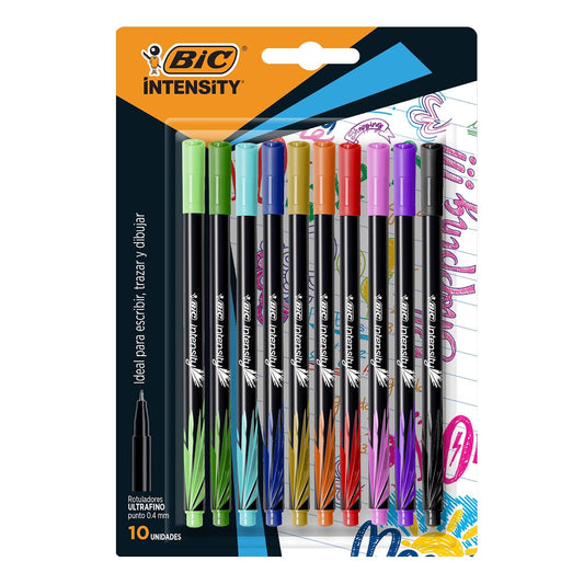BIC Plumín Intensity Punto Ultra Fino No Traspasa el Papel Escritura Precisa Colores Intensos Surtido de Colores 10 Piezas