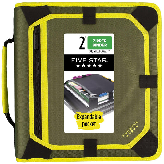 Five Star - Carpeta con cierre, carpeta de 3 anillos de 2 pulgadas con anillos redondos, panel de expansión y archivo expandible de 5 pestañas, capacidad de 580 hojas, oliva/cítricos (290520C)