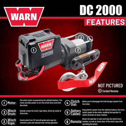 WARN 92000 - Cabrestante eléctrico montado en vehículo serie 2000 de 12 V CC con cable de acero: capacidad de tracción de 1 tonelada