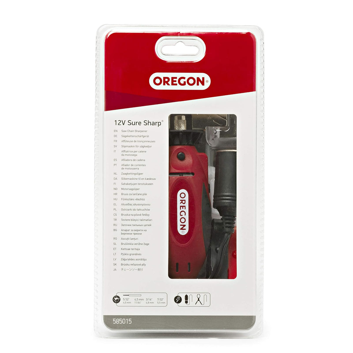 Oregon 575214 - Afilador de motosierra eléctrica de mano Sure Sharp de 12 V, herramienta de afilado y mantenimiento de cadena de sierra 2 en 1, cable de 16 pies