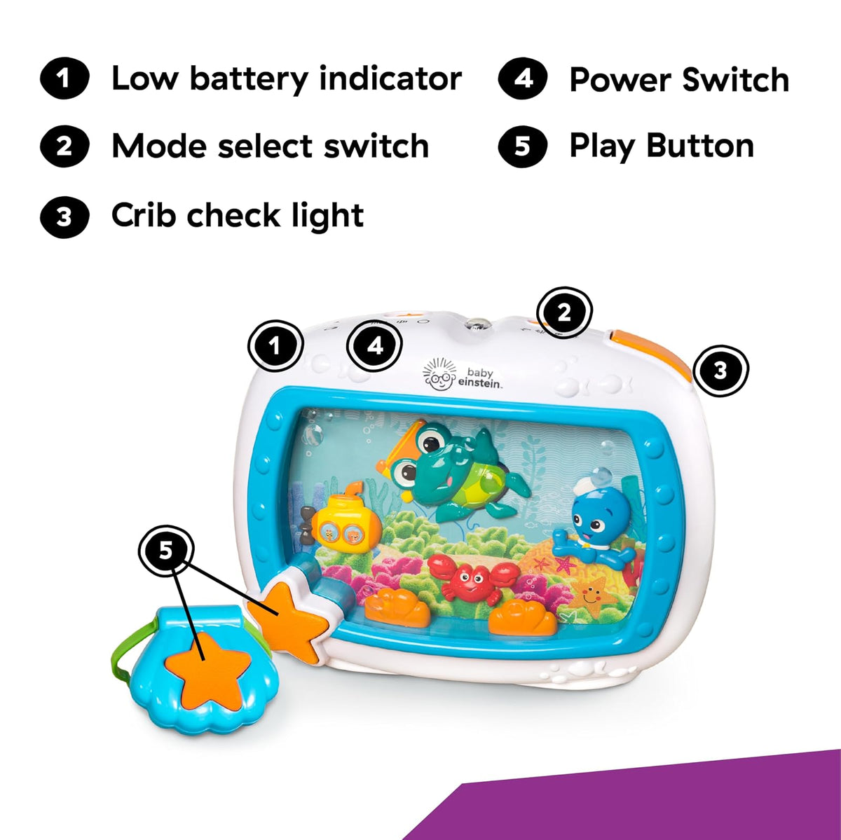 Baby Einstein Sea Dreams Soother - Juguete relajante con melodías y luces suaves para bebé, sonidos del océano, conciliador del sueño, incluye control remoto, fácil de sujetar a la cuna, a partir de 0 meses (Azul)