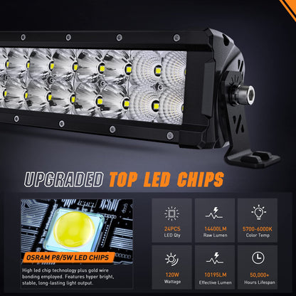 Nilight - Barra de luz LED de 13.5 pulgadas, 120 W, haz combinado de punto de inundación, 14400 lm, Osram P8/5 W, iluminación todoterreno, luz LED IP68, para camioneta, SUV, ATV, UTV, barco, 4 x 4, Jeep, 5 años de garantía