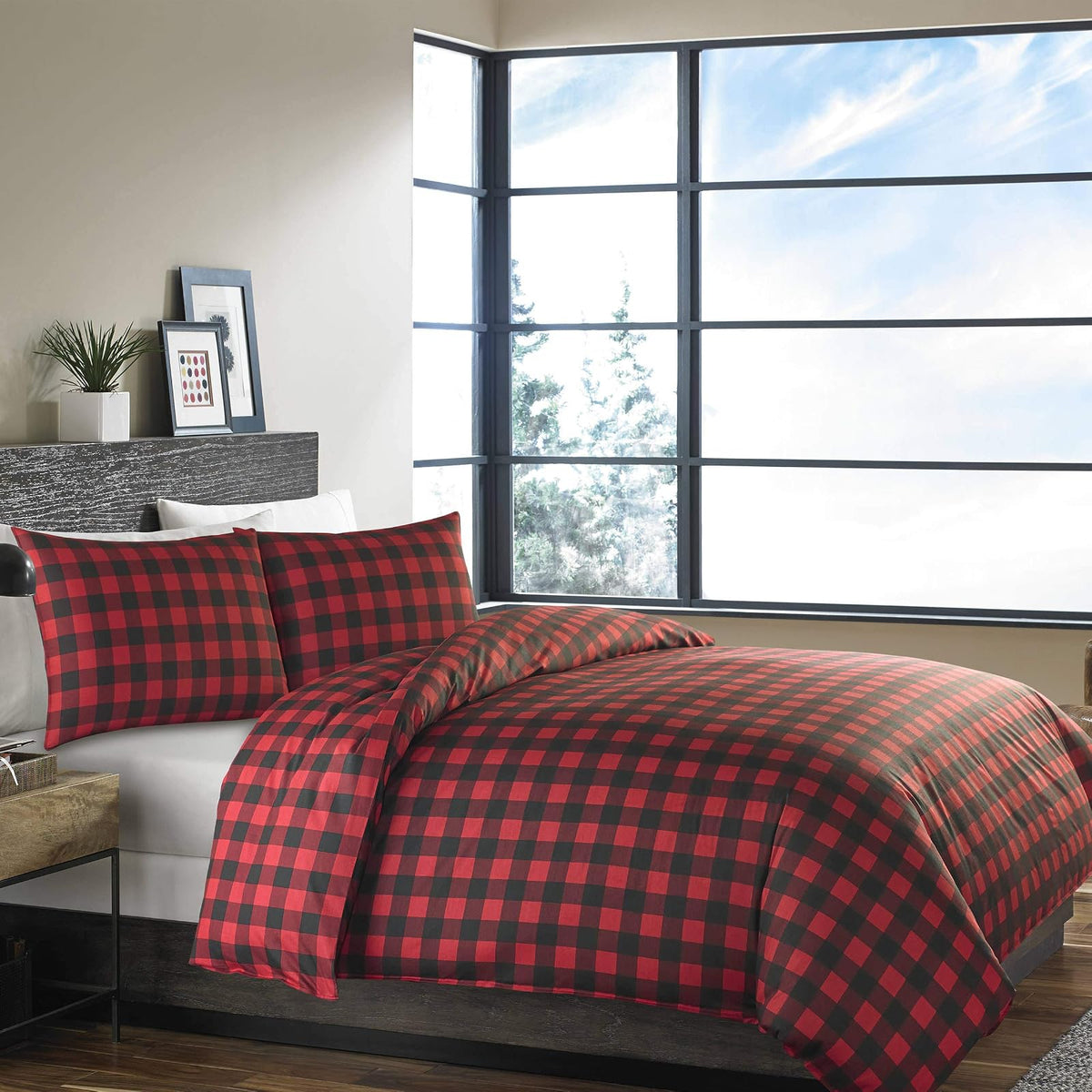 Eddie Bauer - Juego de Funda de edredón Individual, Cama Reversible de algodón, decoración del hogar a Cuadros de búfalo para Todas Las Estaciones (Rojo/Negro, Individual)