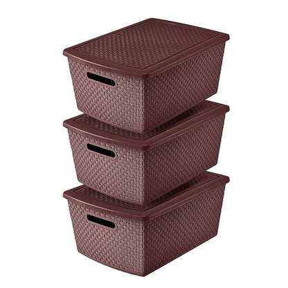 Guateplast Set de 3 Cestas Almacenamiento 22 Litros | Chocolate, polipropileno virgen, apilables con tapa, diseño ratán