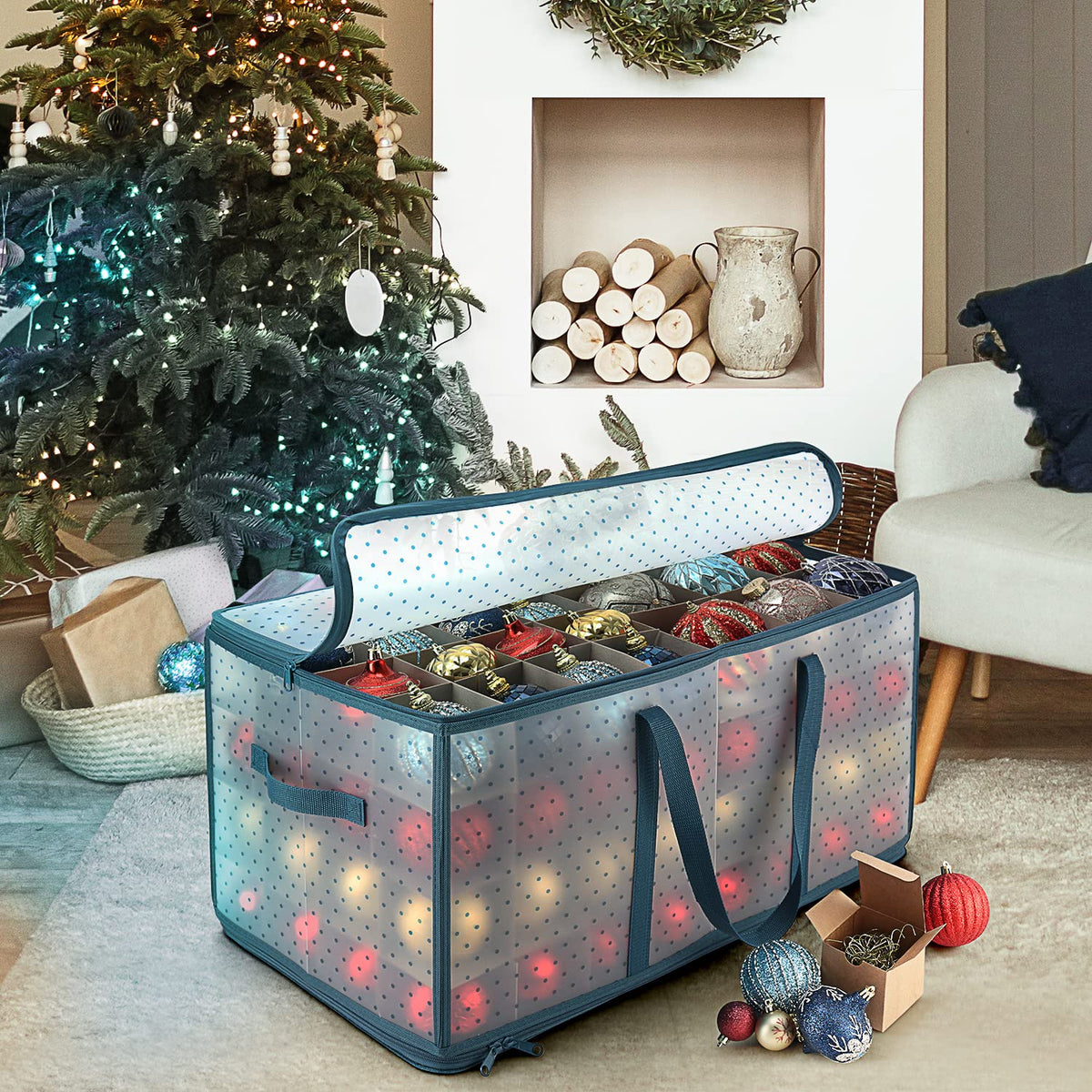Hearth & Harbor Caja grande de almacenamiento de adornos de Navidad con separadores ajustables, contenedor de almacenamiento de adornos de plástico para 128 adornos o decoraciones navideñas