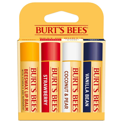 Burt's Bees Bálsamo Labial de Cera de Abejas, Paquete Múltiple 4 Sabores, 0.25 oz c/u - Fresa, Coco, Pera