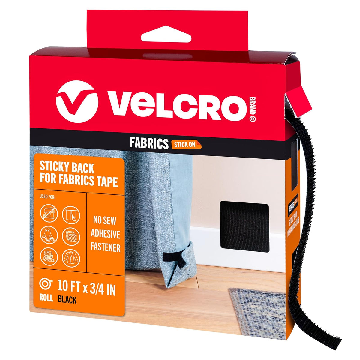 Cinta adhesiva de tela VELCRO para ropa, rollo de 10 pies con calcomanía, tiras cortadas a la longitud, sin coser, resistente al lavado, negro, nailon, adhesivo