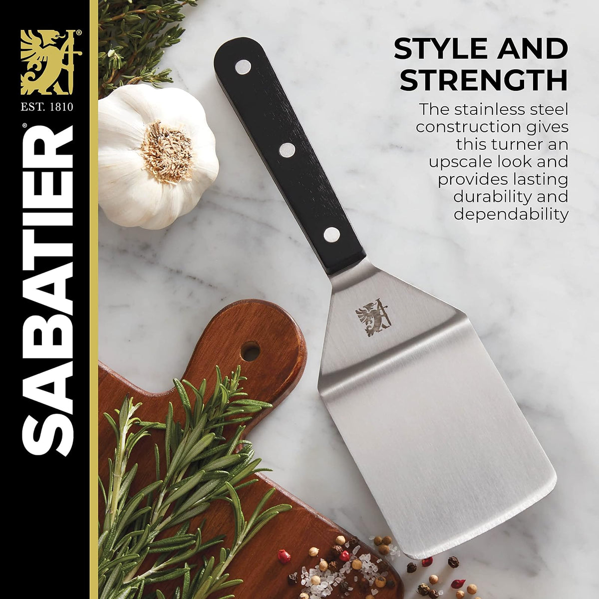 SABATIER - Espátula de acero inoxidable de 9.625 pulgadas para hierro fundido, plancha y parrilla, utensilios de cocina de grado profesional